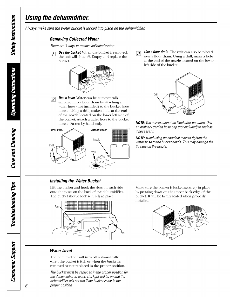 Using the dehumidifier, Removing collected water, Installing the water bucket | Water level, Water i.evel | GE AHG50LH User Manual | Page 6 / 12