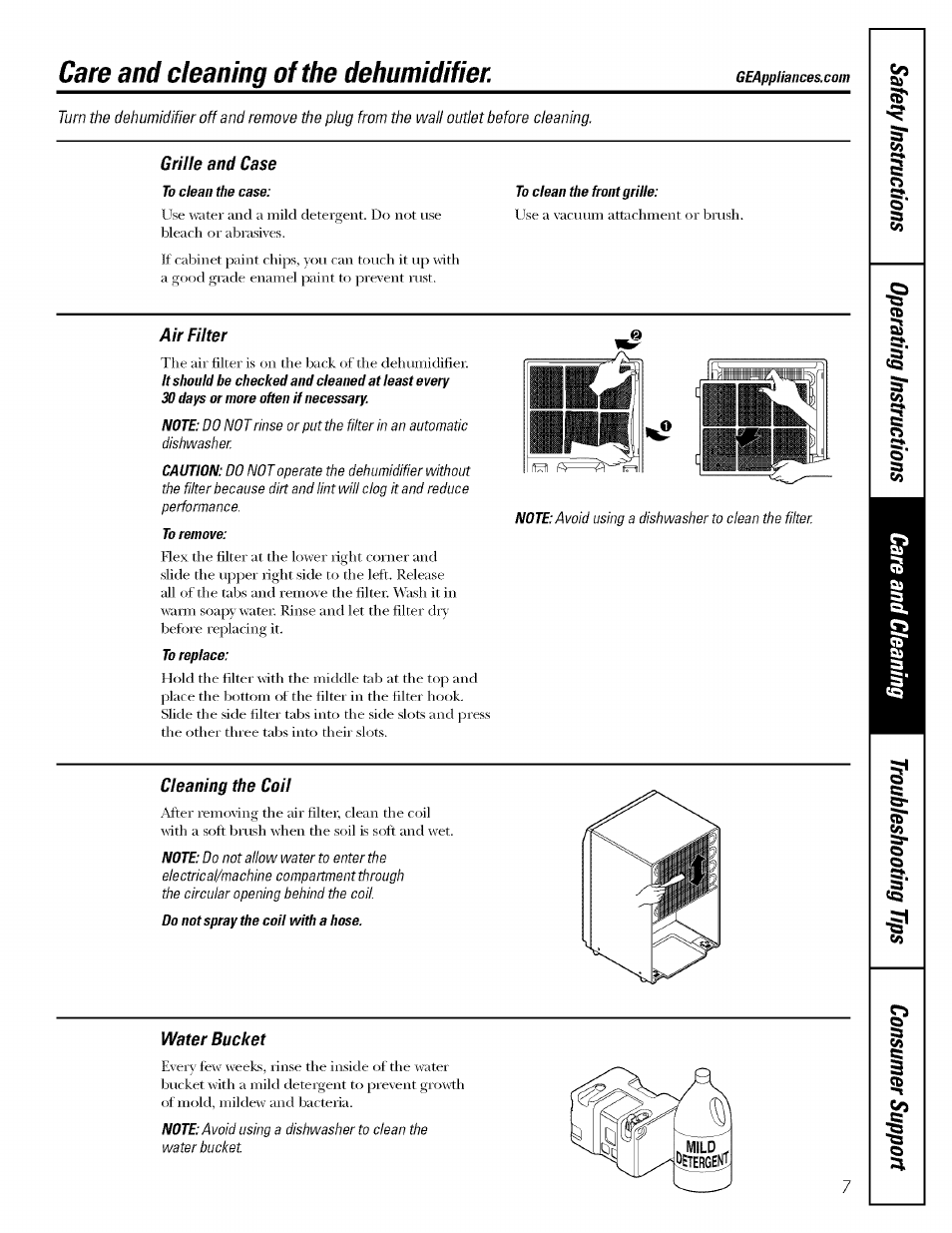 Grille and case, Air filter, Cleaning the coil | Water bucket, Cleaning the coil grille and case, Care and cleaning of the dehumidifier | GE AHG50LH User Manual | Page 7 / 12