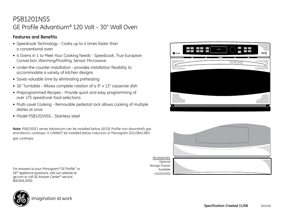 Psb1201nss, Ge profile advantium, Features and benefits | Turn to select press to enter conv, Speed cook, Recipes | GE Profile Advantium JX2201NSS User Manual | Page 3 / 3