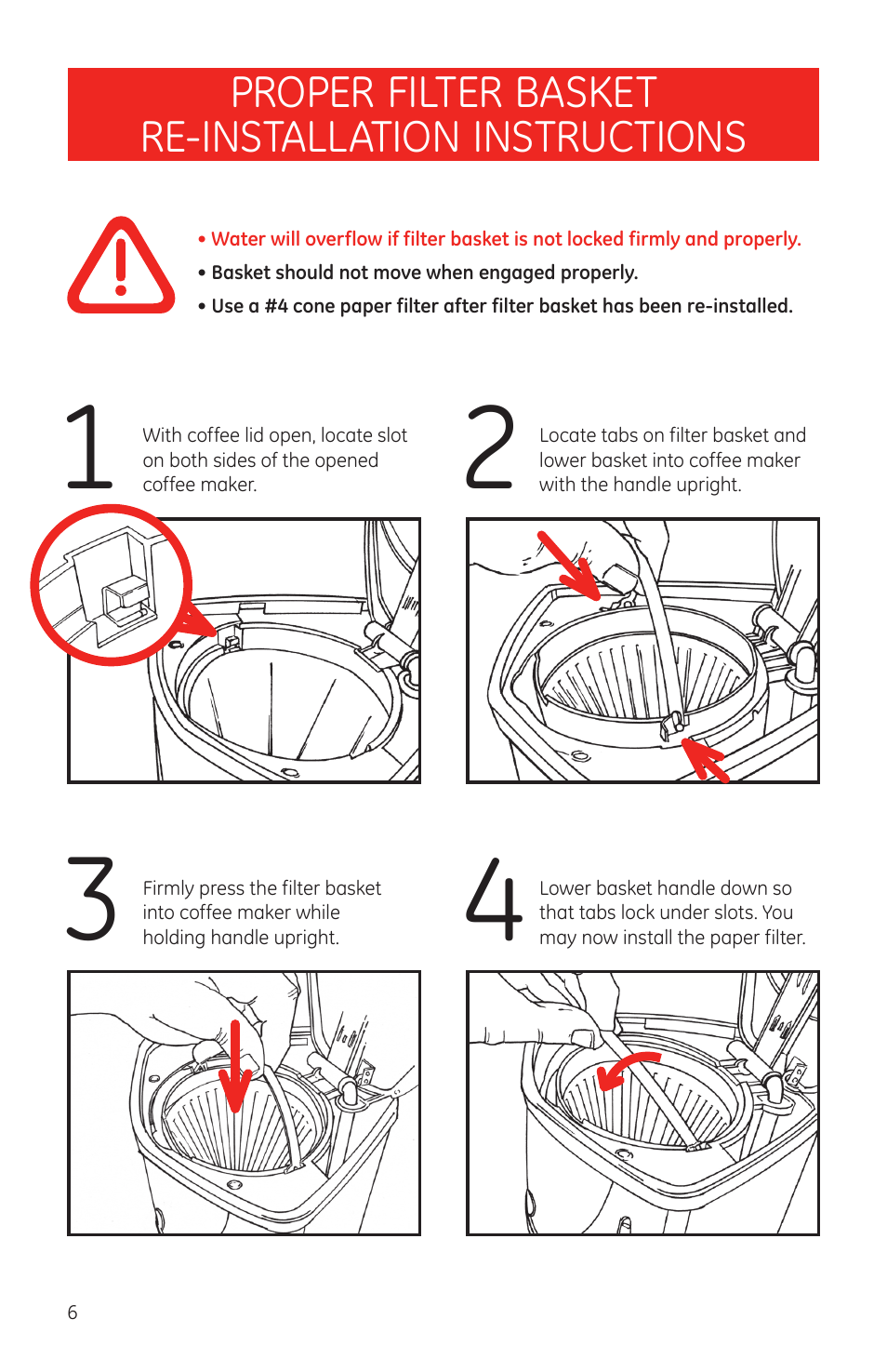 Proper filter basket re-installation instructions | GE 169058 User Manual | Page 6 / 9