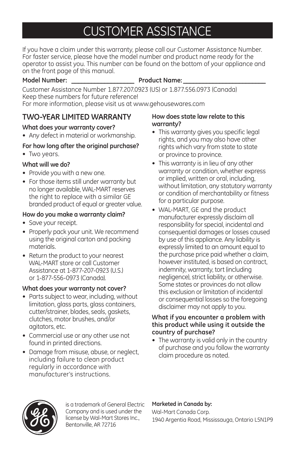 Customer assistance, Two-year limited warranty | GE 169058 User Manual | Page 9 / 9