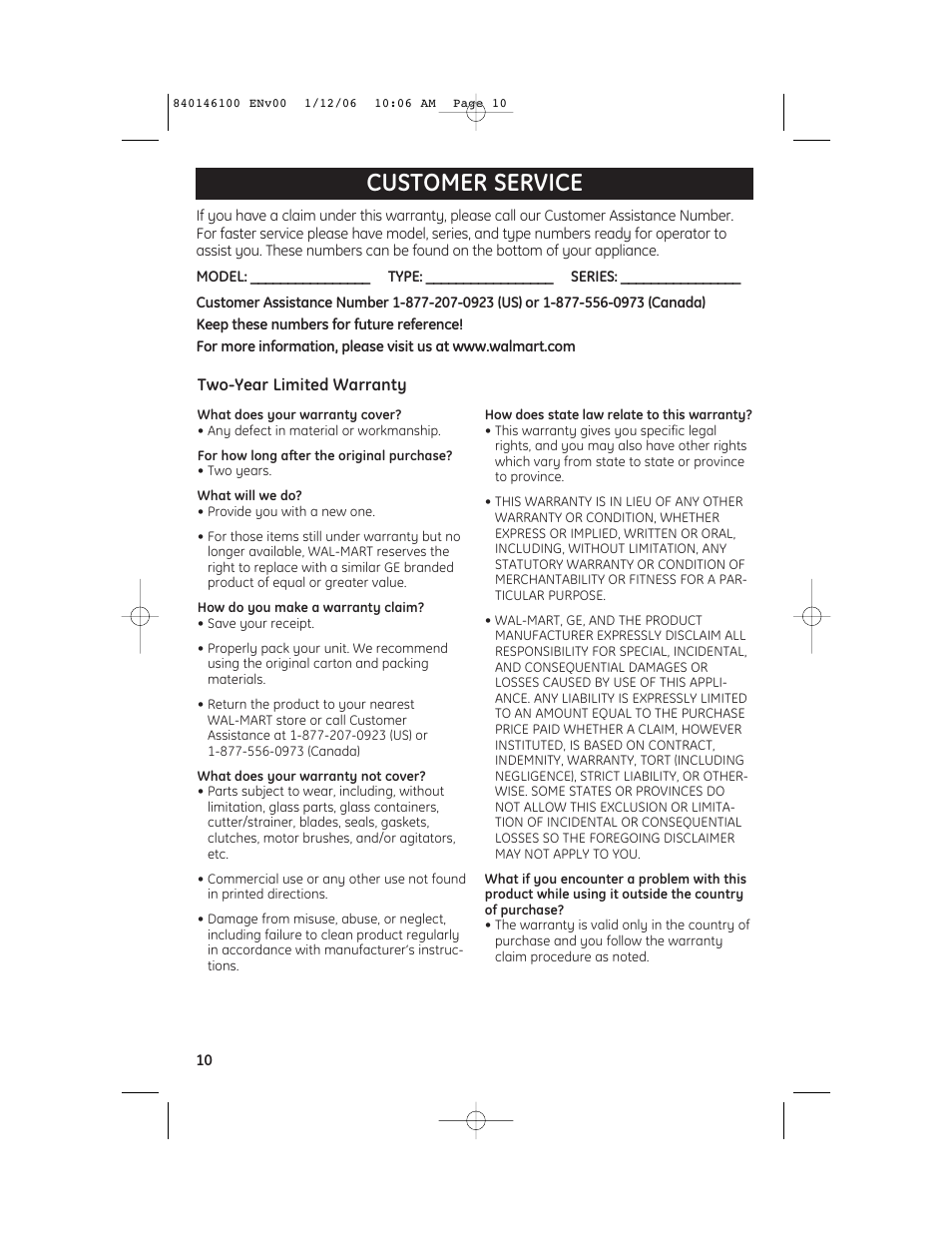 Customer service | GE 106651N User Manual | Page 10 / 10