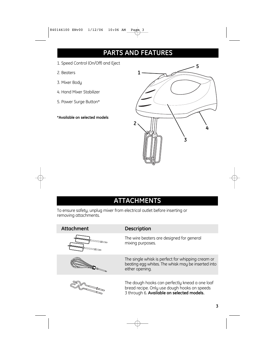Parts and features, Attachments | GE 106651N User Manual | Page 3 / 10