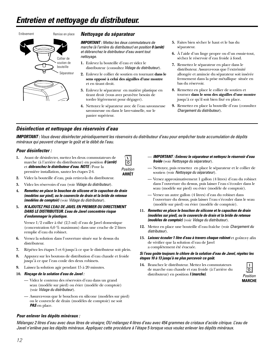 Entretien et nettoyage du distributeur, Désinfection et nettoyage des réservoirs d’eau, Nettoyage du séparateur | GE GXCF05D User Manual | Page 12 / 24