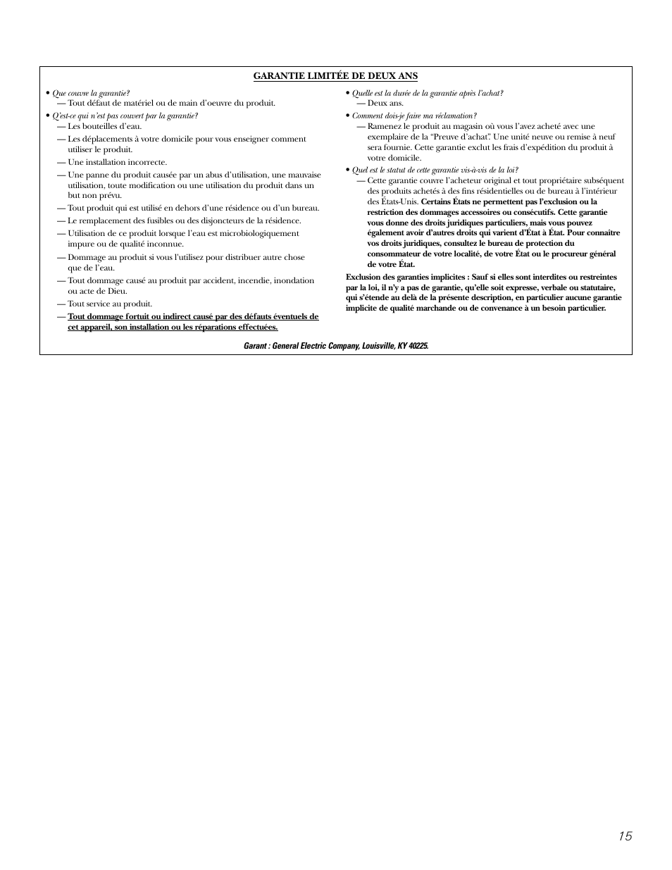 Garantie | GE GXCF05D User Manual | Page 15 / 24