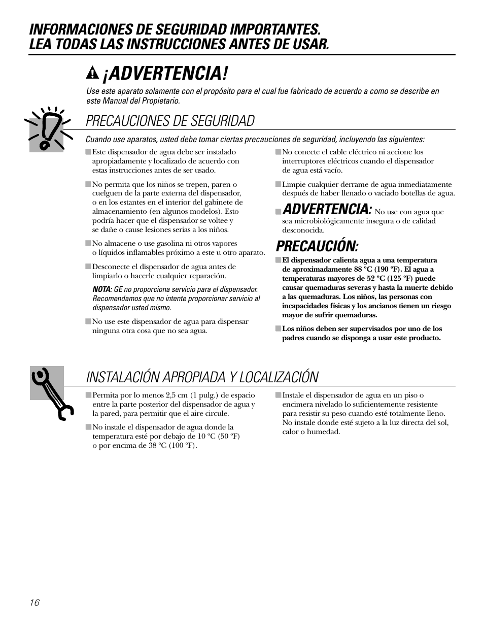 Información de seguridad, Advertencia, Precauciones de seguridad | Precaución | GE GXCF05D User Manual | Page 16 / 24