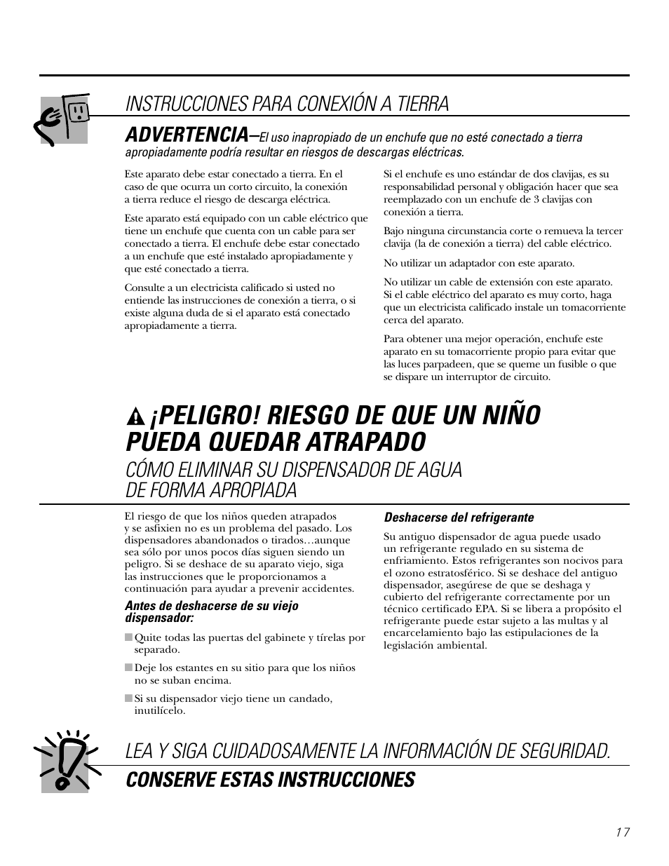 Instrucciones para conexión a tierra, Advertencia | GE GXCF05D User Manual | Page 17 / 24