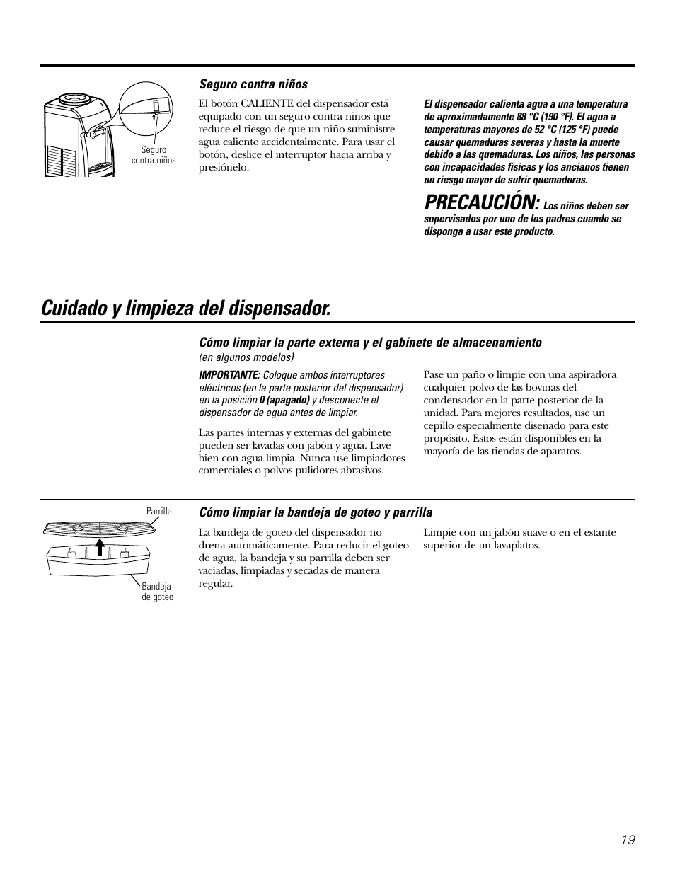 Seguro contra niños, Cuidado y limpieza, Precaución | Cuidado y limpieza del dispensador | GE GXCF05D User Manual | Page 19 / 24