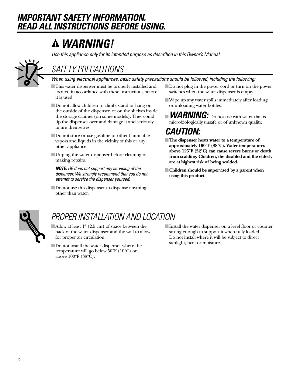 Safety instructions, Warning, Safety precautions | Caution | GE GXCF05D User Manual | Page 2 / 24