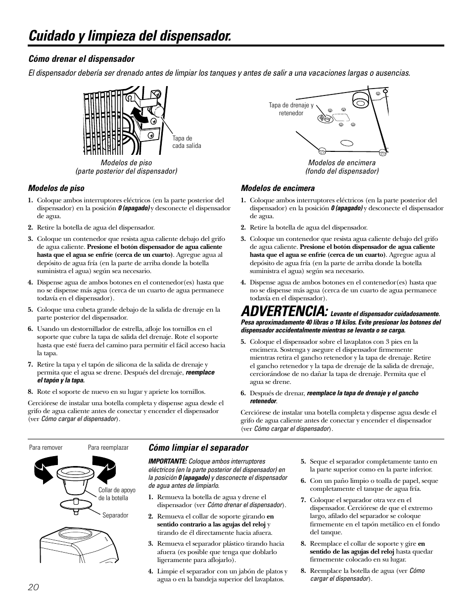 Cuidado y limpieza del dispensador, Advertencia | GE GXCF05D User Manual | Page 20 / 24