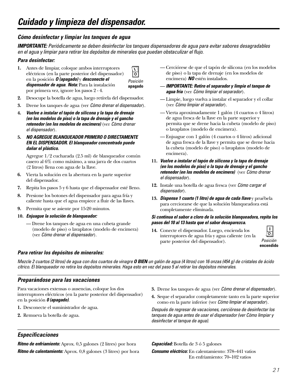 Especificaciones, Cuidado y limpieza del dispensador | GE GXCF05D User Manual | Page 21 / 24