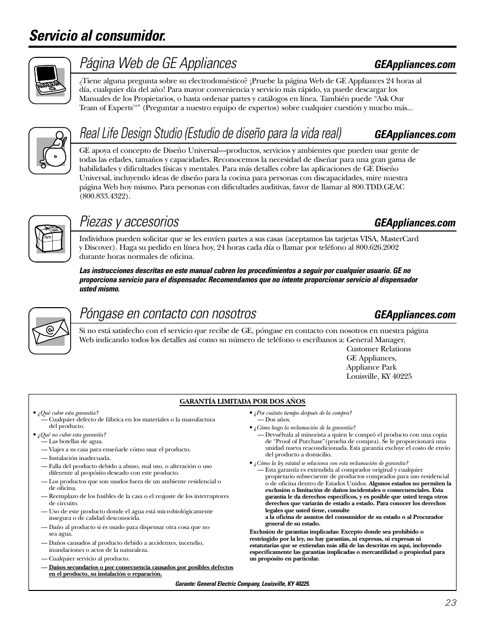 Garantía, Servicio al consumidor, Garantía servicio al consumidor | Piezas y accesorios, Póngase en contacto con nosotros | GE GXCF05D User Manual | Page 23 / 24