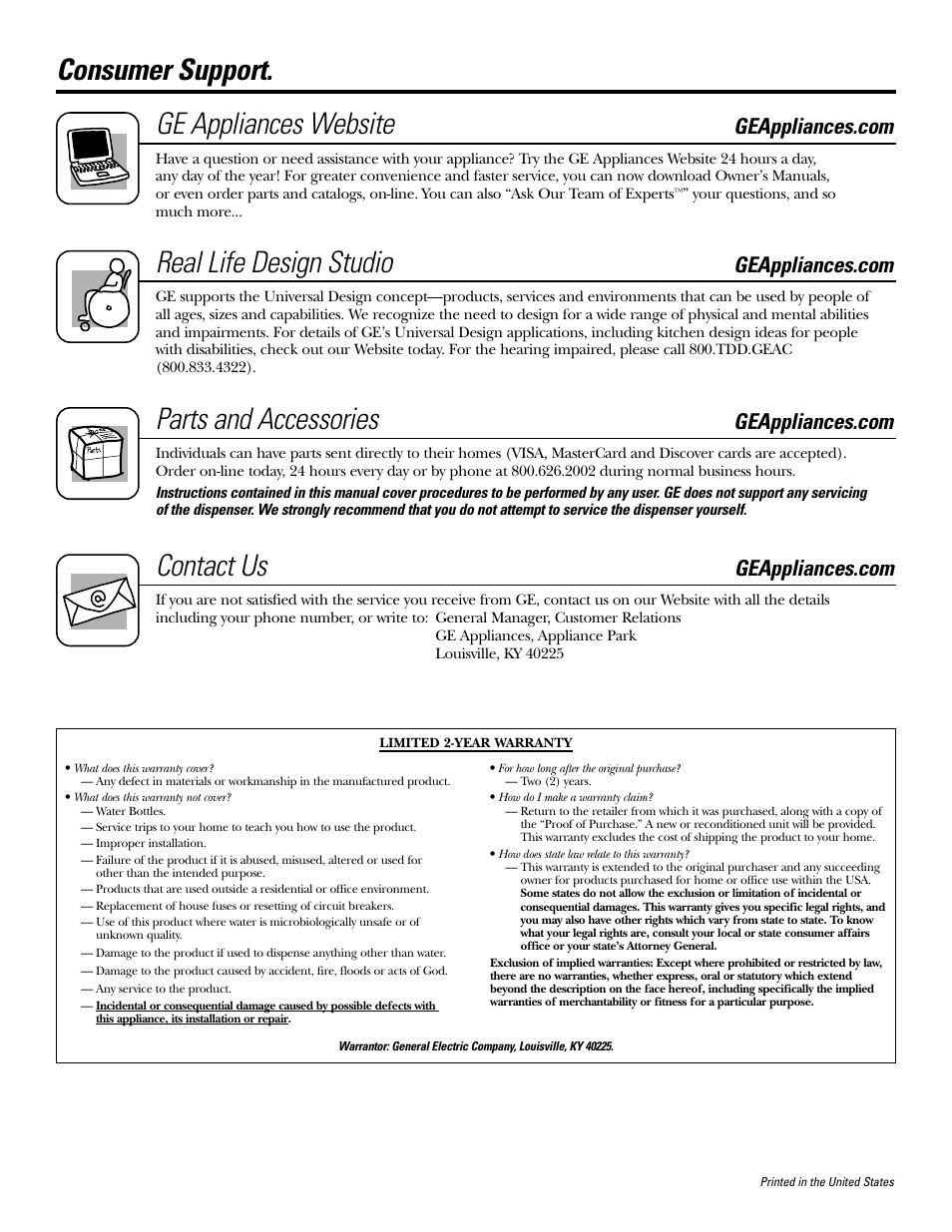 Consumer support, Warranty, Consumer support. ge appliances website | Real life design studio, Parts and accessories, Contact us | GE GXCF05D User Manual | Page 24 / 24