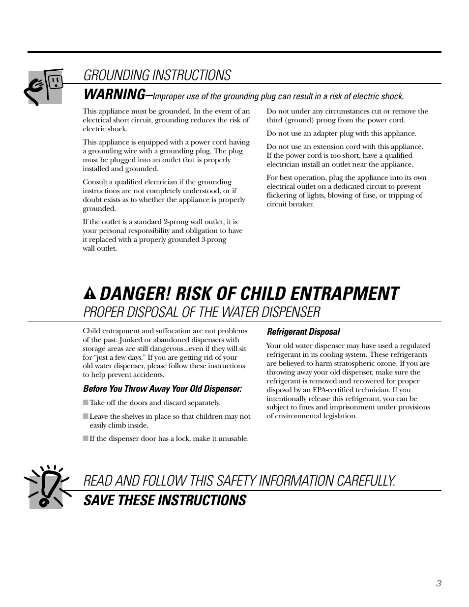 Danger! risk of child entrapment, Grounding instructions, Warning | Proper disposal of the water dispenser | GE GXCF05D User Manual | Page 3 / 24