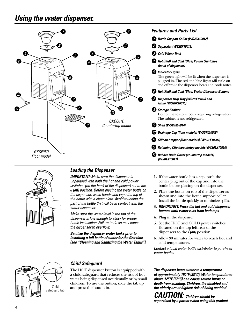 Child safeguard, Features and parts list, Loading the dispenser | Caution, Using the water dispenser | GE GXCF05D User Manual | Page 4 / 24