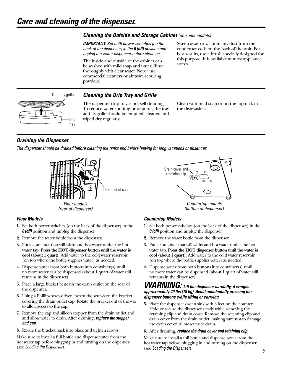 Care and cleaning, Care and cleaning of the dispenser, Warning | GE GXCF05D User Manual | Page 5 / 24