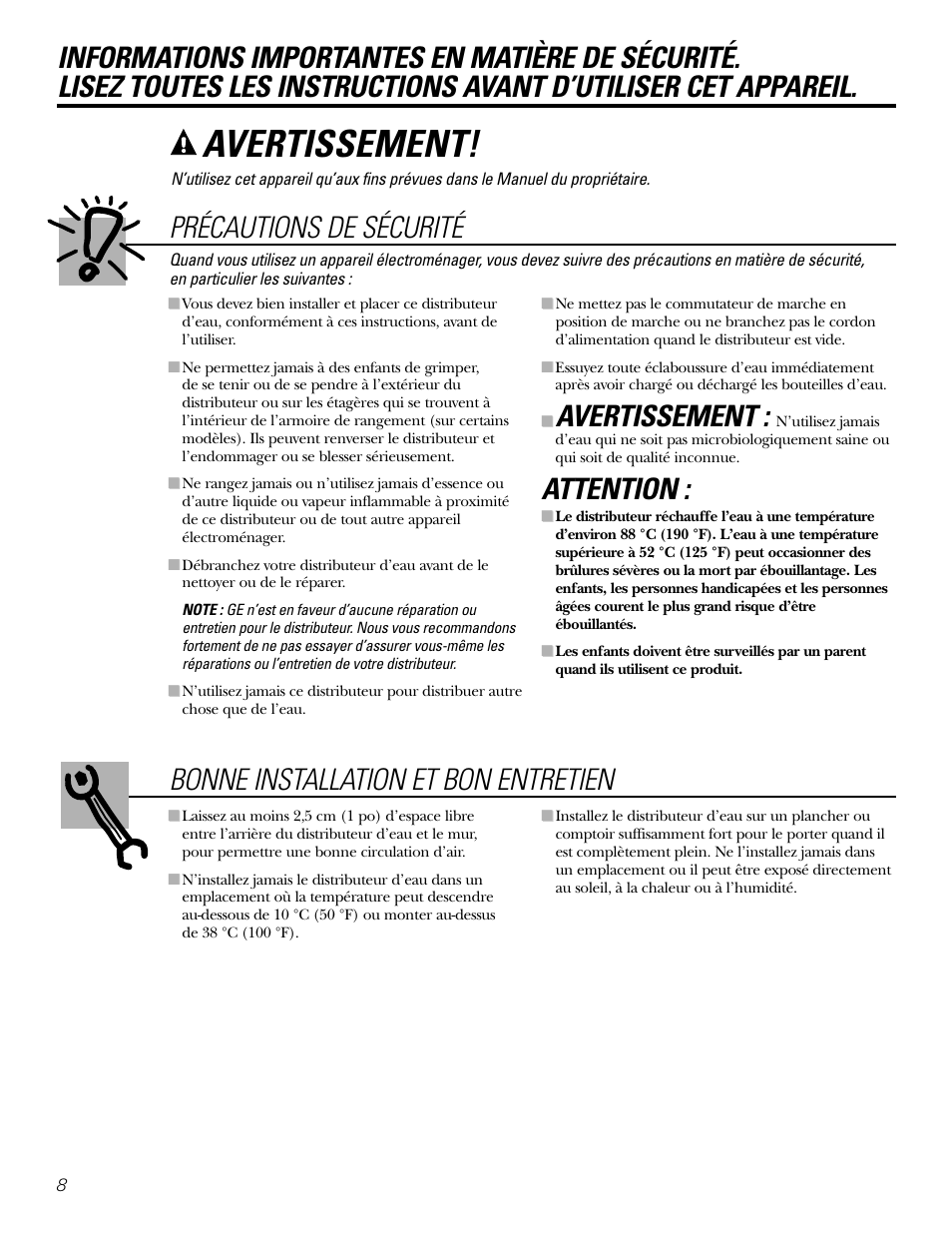 Informations en matière de sécurité, Avertissement, Précautions de sécurité | Attention | GE GXCF05D User Manual | Page 8 / 24