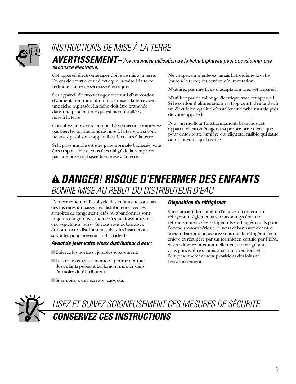 Danger! risque d’enfermer des enfants, Instructions de mise à la terre, Avertissement | Bonne mise au rebut du distributeur d’eau | GE GXCF05D User Manual | Page 9 / 24