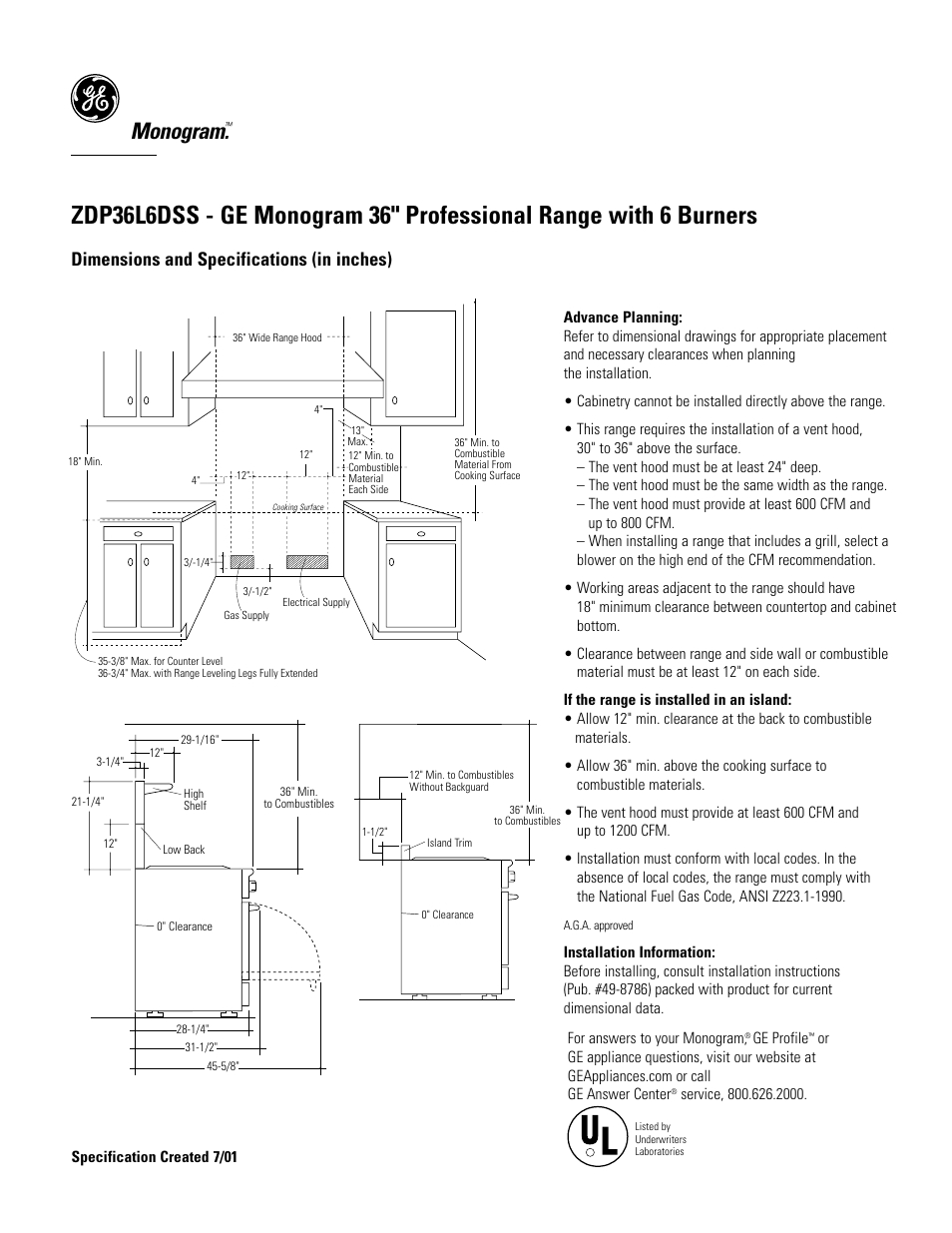 Monogram, Dimensions and specifications (in inches) | GE MONOGRAM ZDP36L6DSS User Manual | Page 2 / 3