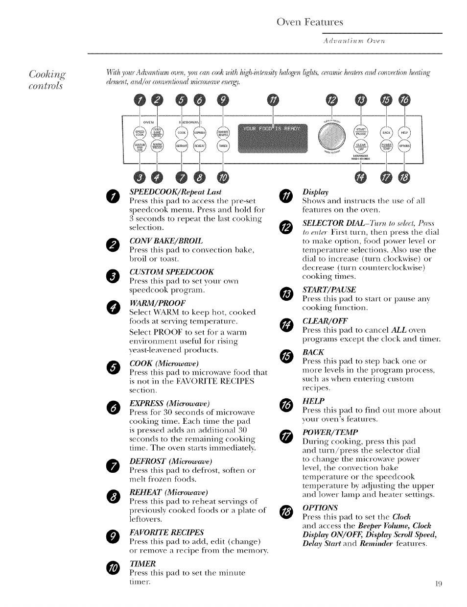 Cooking, Controls, Oven features | O g g | GE ZSCIO00 User Manual | Page 19 / 44