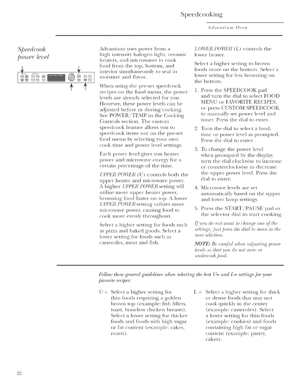 Speedcook power level, Speedcooking | GE ZSCIO00 User Manual | Page 22 / 44