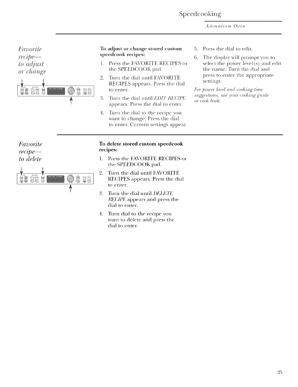 Favorite recipe— to delete, To delete stored custom speedcook, Speedcooking | Favorite recipe, E© e | GE ZSCIO00 User Manual | Page 25 / 44