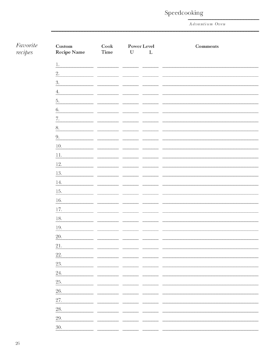 Favorite, Recipes, Speedcooking | Favorite recipes | GE ZSCIO00 User Manual | Page 26 / 44