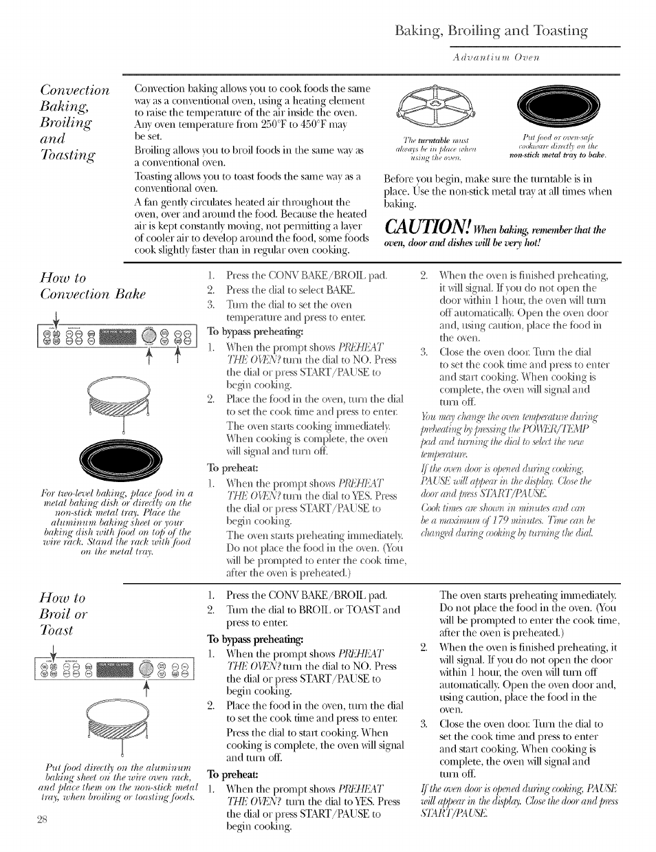 Ii ii, Caution, Baking, broiling and toasting | Convection baking, broiling and toasting, How to convection bake, How to broil or toast | GE ZSCIO00 User Manual | Page 28 / 44