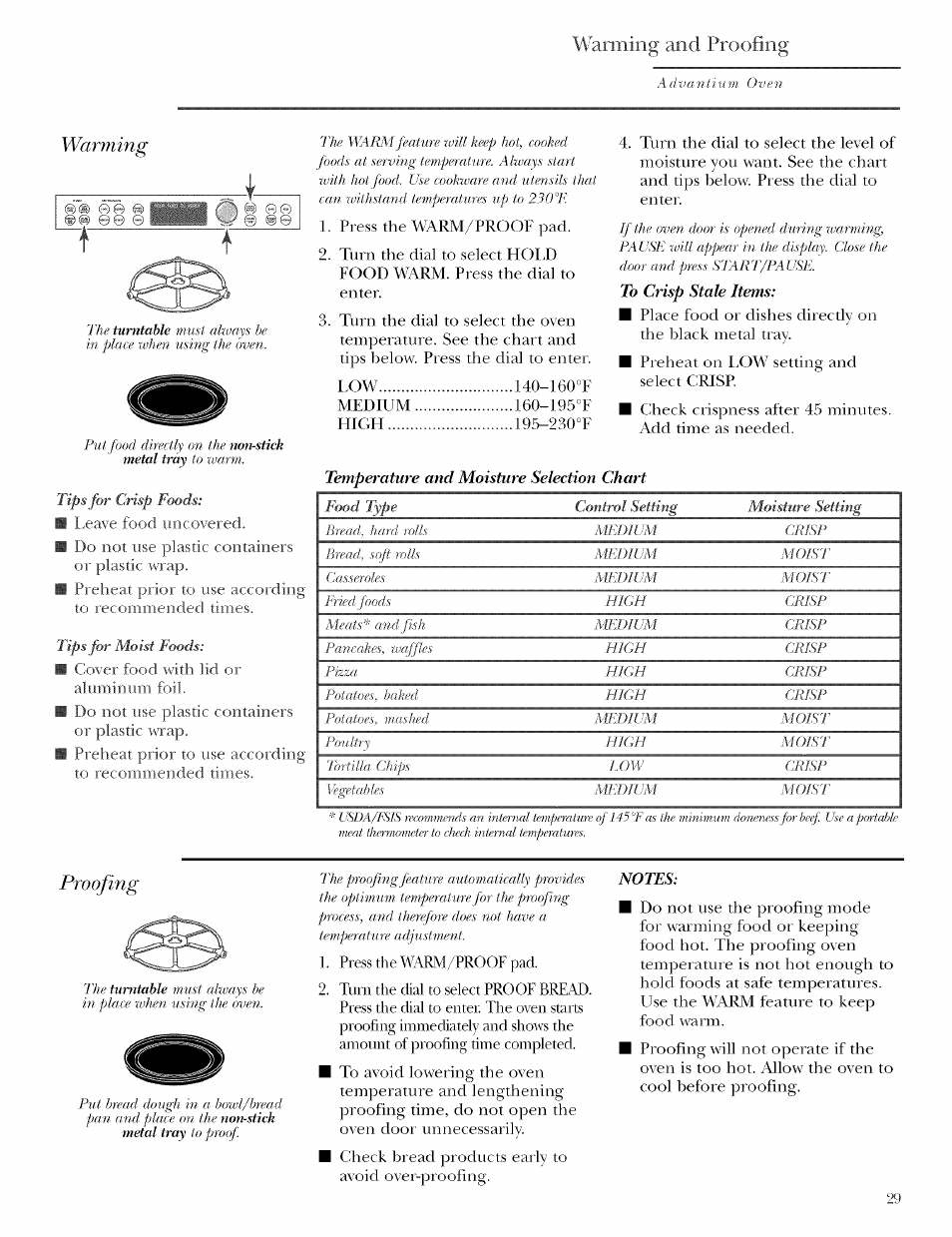 Warming, Wanning and proofing, Proofing | GE ZSCIO00 User Manual | Page 29 / 44