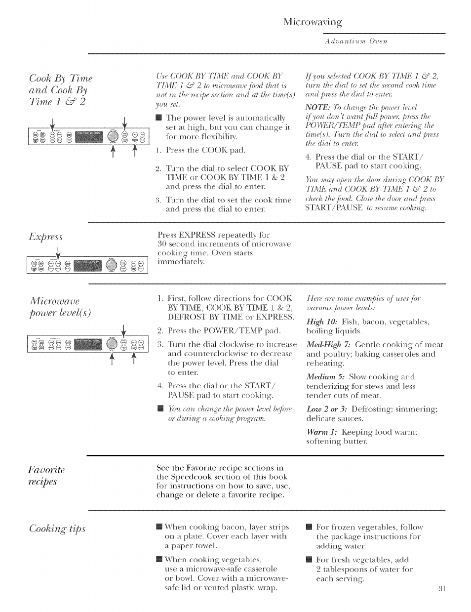 Express, Microwa\dng, I i g | Cook by time and cook by time 1 & 2, Microwave power level(s), Favorite recipes, Cooking tips | GE ZSCIO00 User Manual | Page 31 / 44