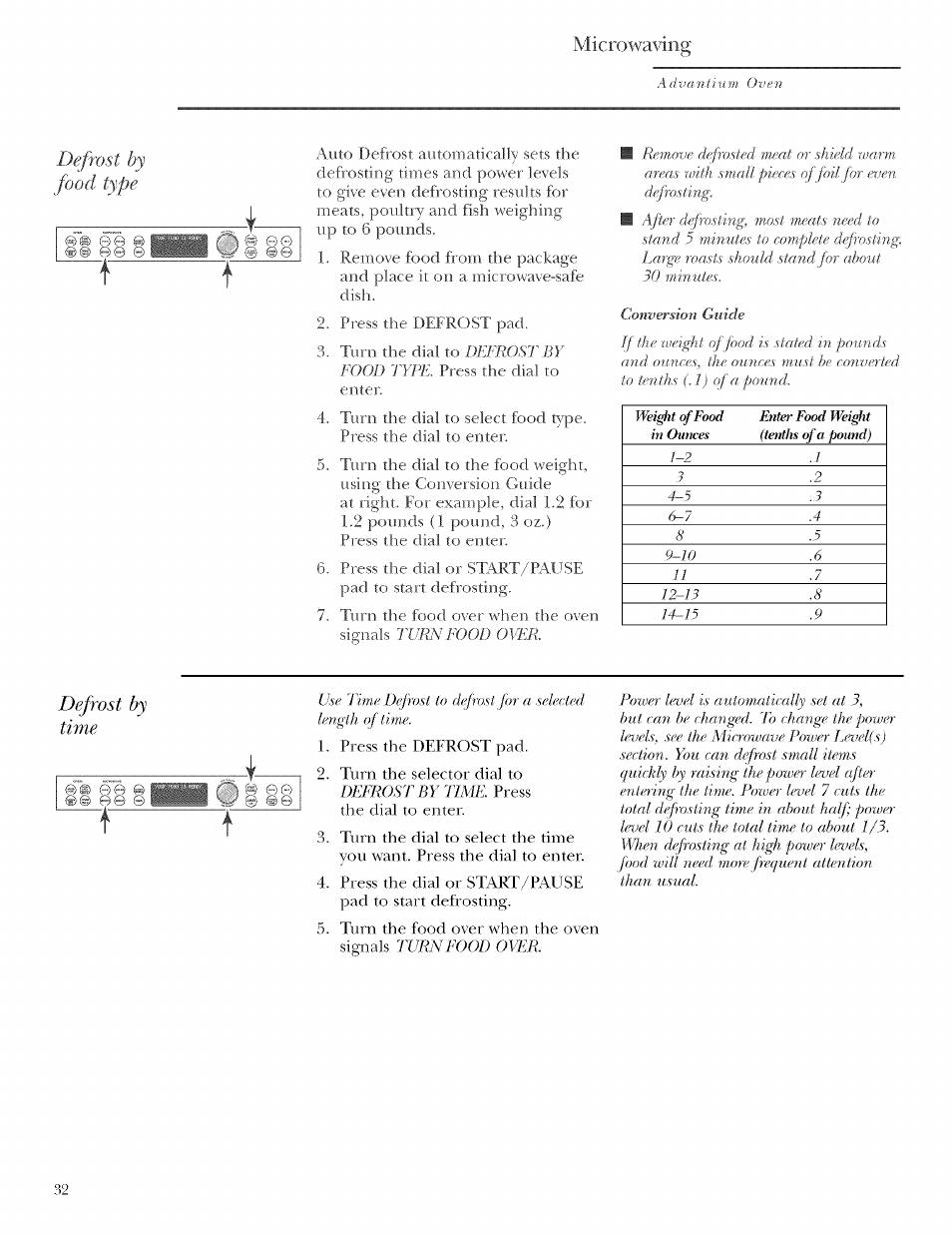 Defrost by food type, Defrost by time, Defrost by food type defrost b)' time | Microwa\dng | GE ZSCIO00 User Manual | Page 32 / 44