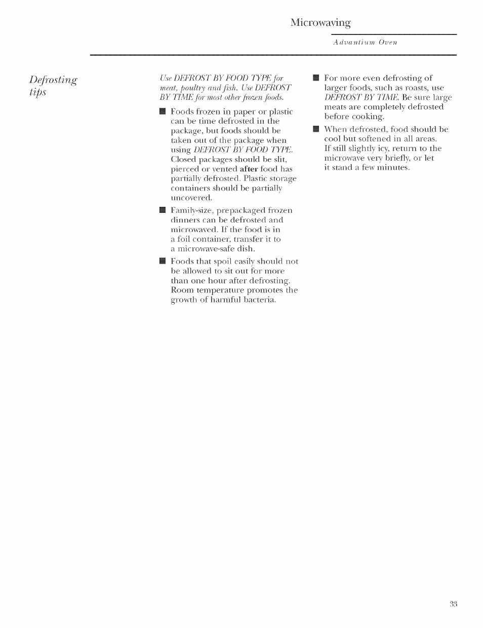 Microwa\dng, Defrosting tips | GE ZSCIO00 User Manual | Page 33 / 44