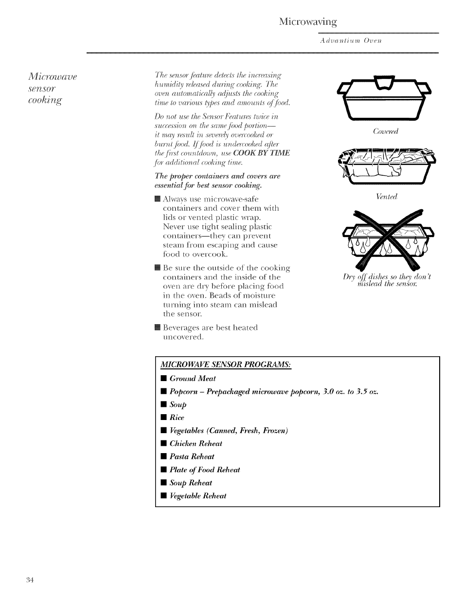 Microwa\dng, Microwave sensor cooking | GE ZSCIO00 User Manual | Page 34 / 44