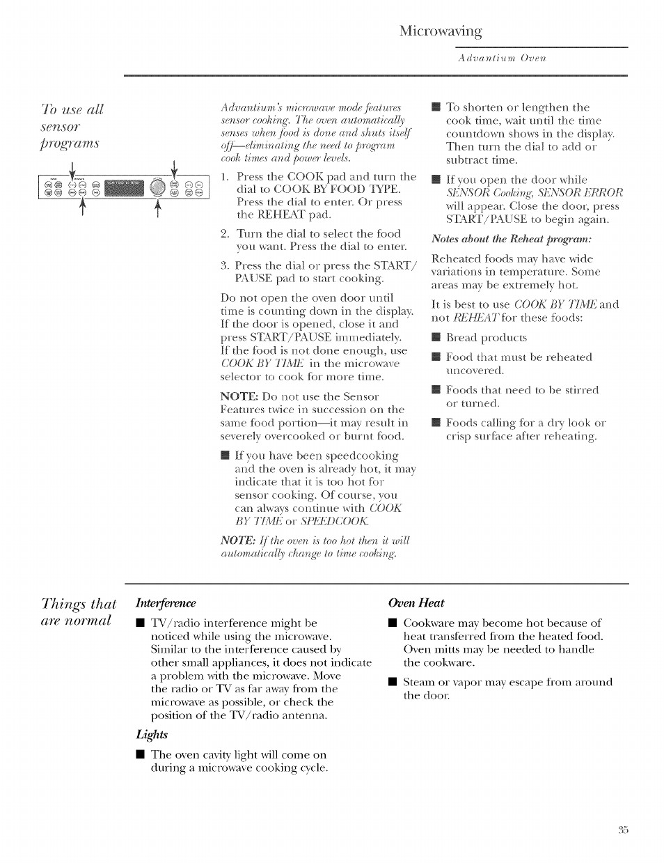 To use all, Sensor, Programs | Things that are normal, Microwa\dng | GE ZSCIO00 User Manual | Page 35 / 44