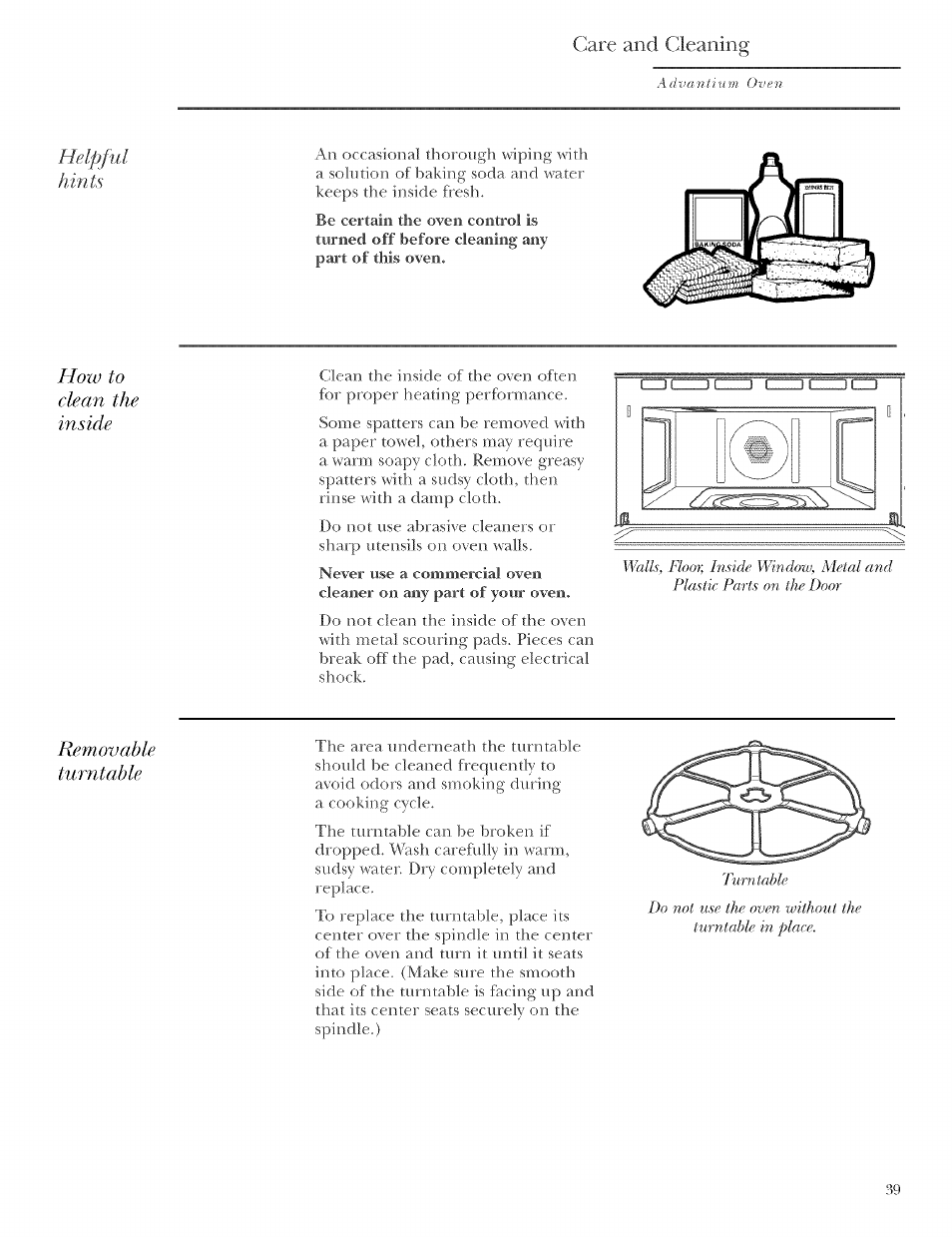 Helpful, Hints, How to clean the inside | Removable, Turntable, Cleaning the inside, Gare and cleaning, Helpful hints, Removable turntable | GE ZSCIO00 User Manual | Page 39 / 44