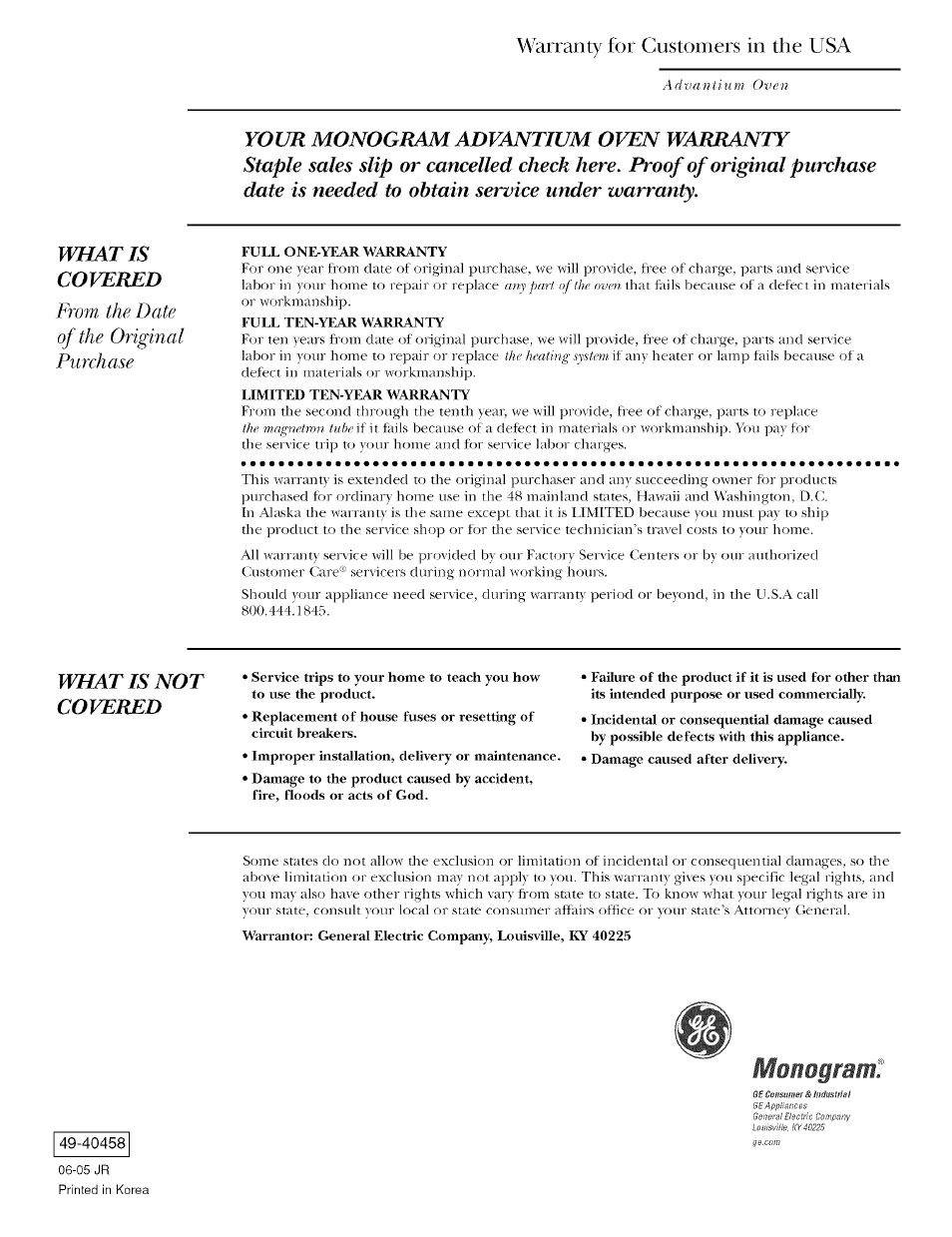 Warranty for customers in the usa | GE ZSCIO00 User Manual | Page 44 / 44