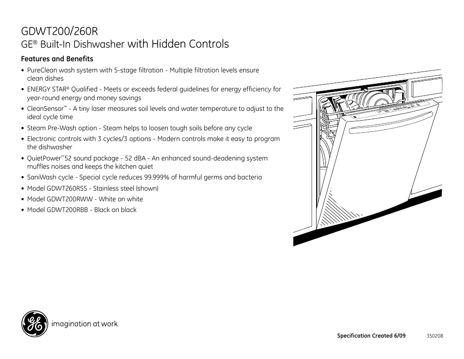 With hidden controls, Built-in dishwasher, Gdwt260rss | GE GDWF100 User Manual | Page 2 / 2