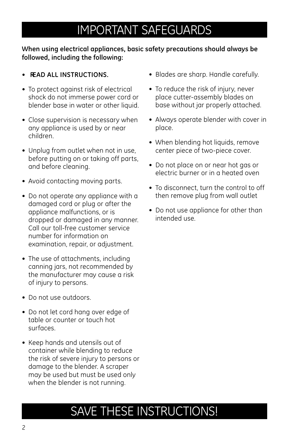 Important safeguards, Save these instructions | GE 169119 User Manual | Page 2 / 6