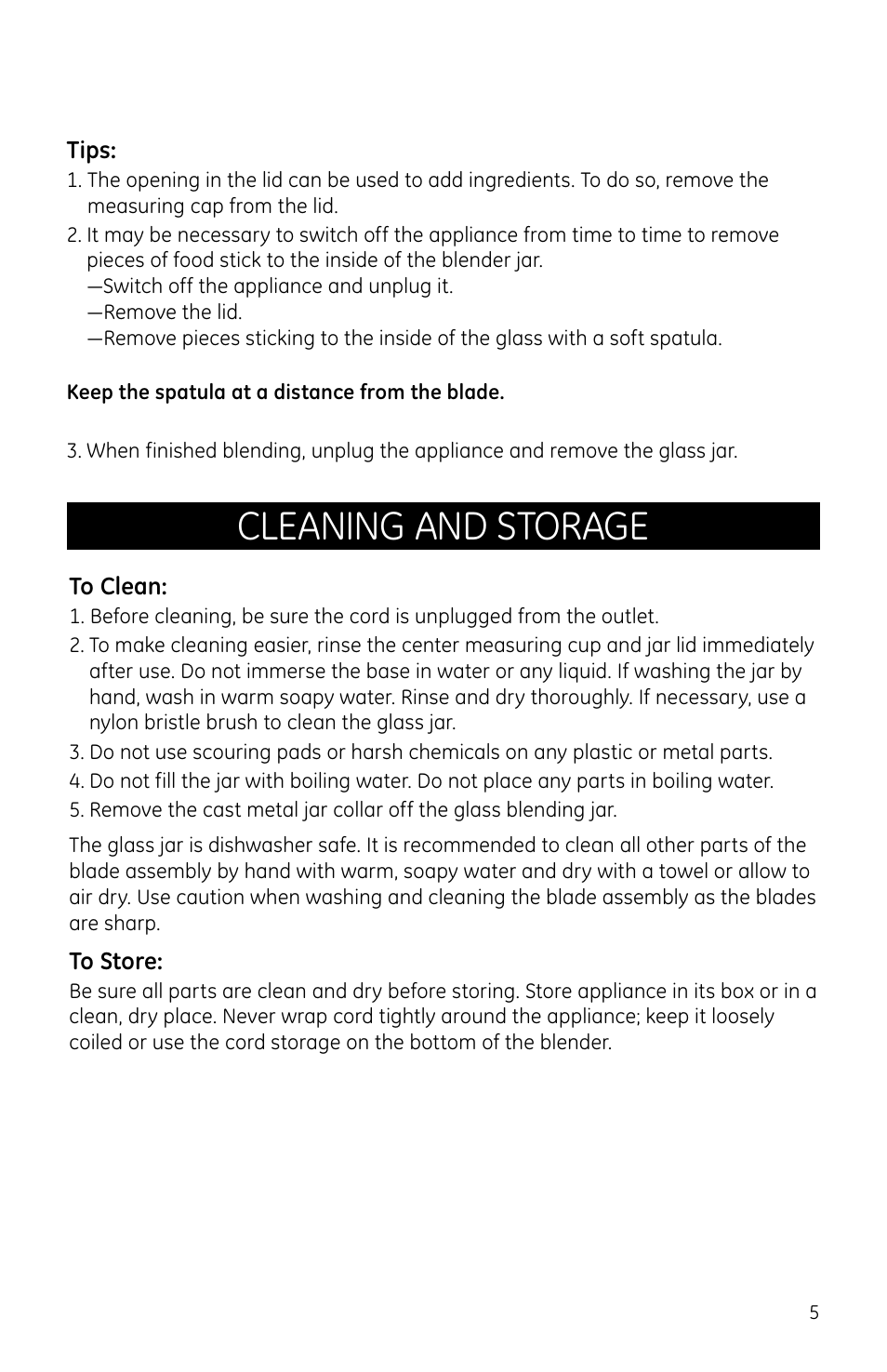 Cleaning and storage | GE 169119 User Manual | Page 5 / 6