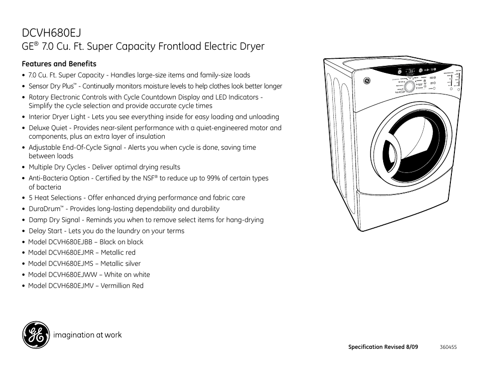 Dcvh680ej, 0 cu. ft. super capacity frontload electric dryer | GE DCVH680EJMS User Manual | Page 4 / 4