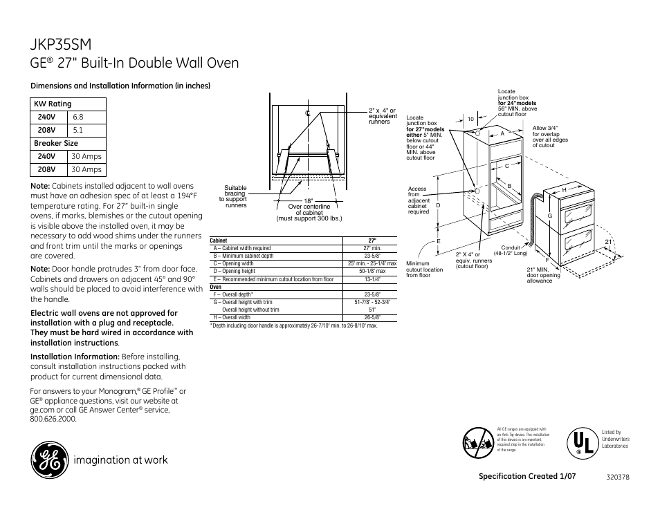 GE JKP35SM User Manual | 2 pages