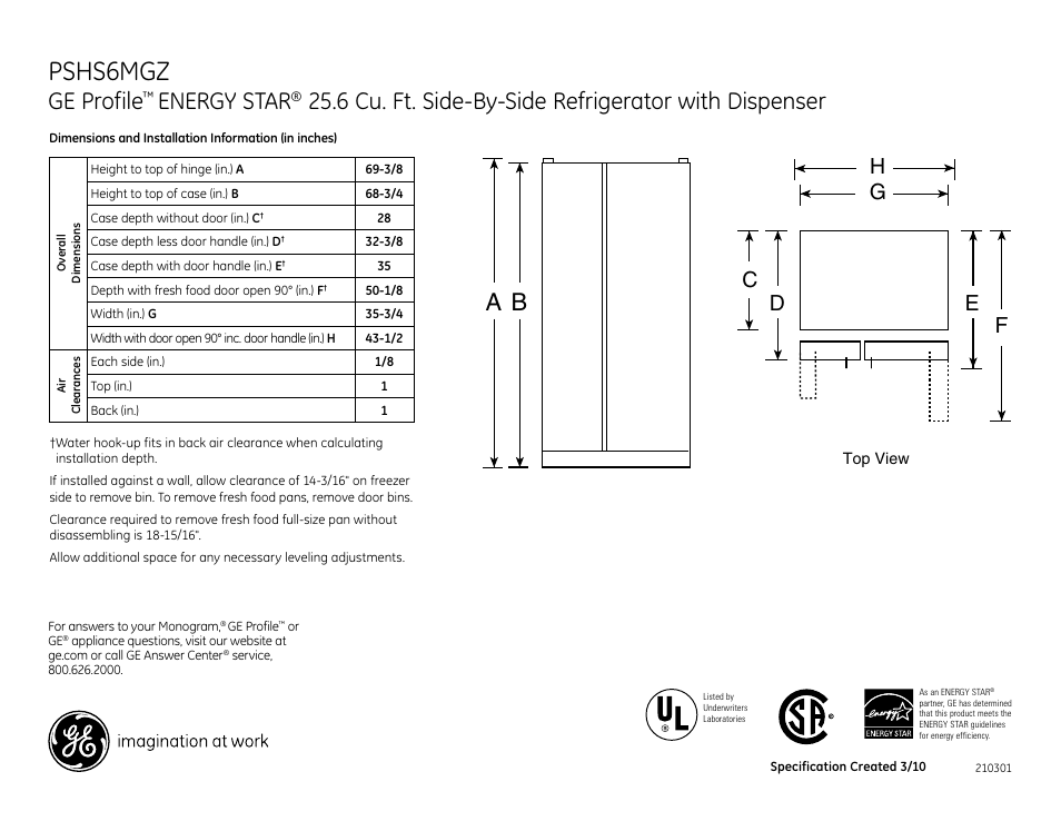 GE ENERGY STAR PSHS6MGZ User Manual | 2 pages