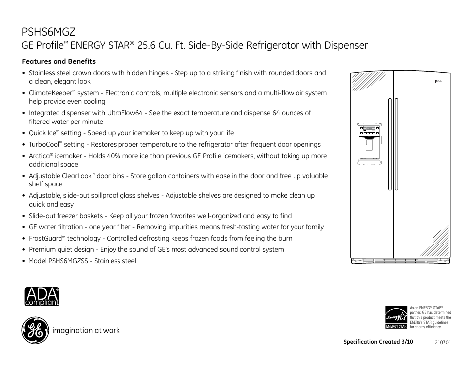 Pshs6mgz, Ge profile, Energy star | 6 cu. ft. side-by-side refrigerator with dispenser | GE ENERGY STAR PSHS6MGZ User Manual | Page 2 / 2