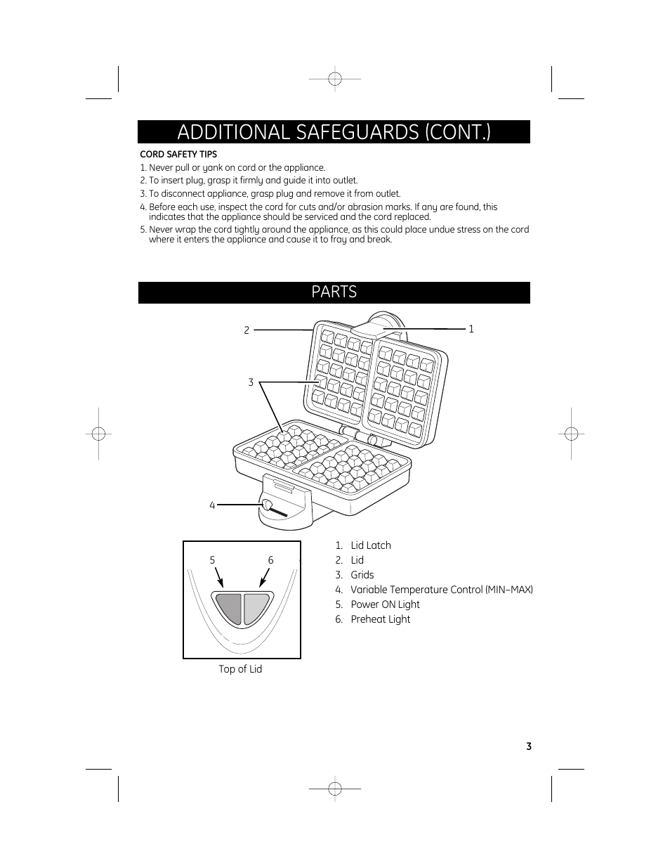 Additional safeguards (cont.), Parts | GE 681131691864 User Manual | Page 3 / 6