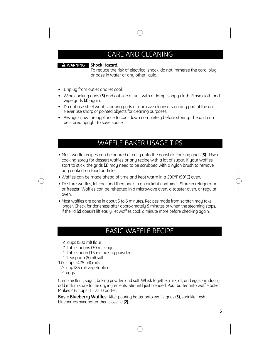 Care and cleaning, Waffle baker usage tips, Basic waffle recipe | GE 681131691864 User Manual | Page 5 / 6