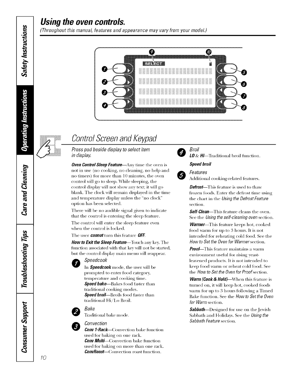 Control screen and keypad, Using the oven controls | GE JT930 User Manual | Page 10 / 48