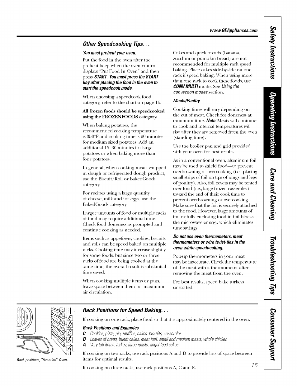 Other speedcooking tips, You must preheat your oven, Meats/poultry | Rack positions for speed baking, Rack positions and examples | GE JT930 User Manual | Page 15 / 48