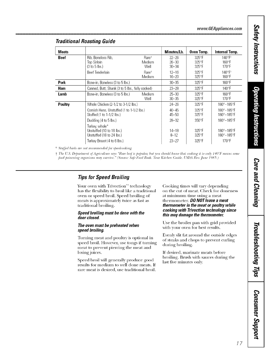 Traditional roasting guide, Tips for speed broiling, Traditional broiling, guide | GE JT930 User Manual | Page 17 / 48