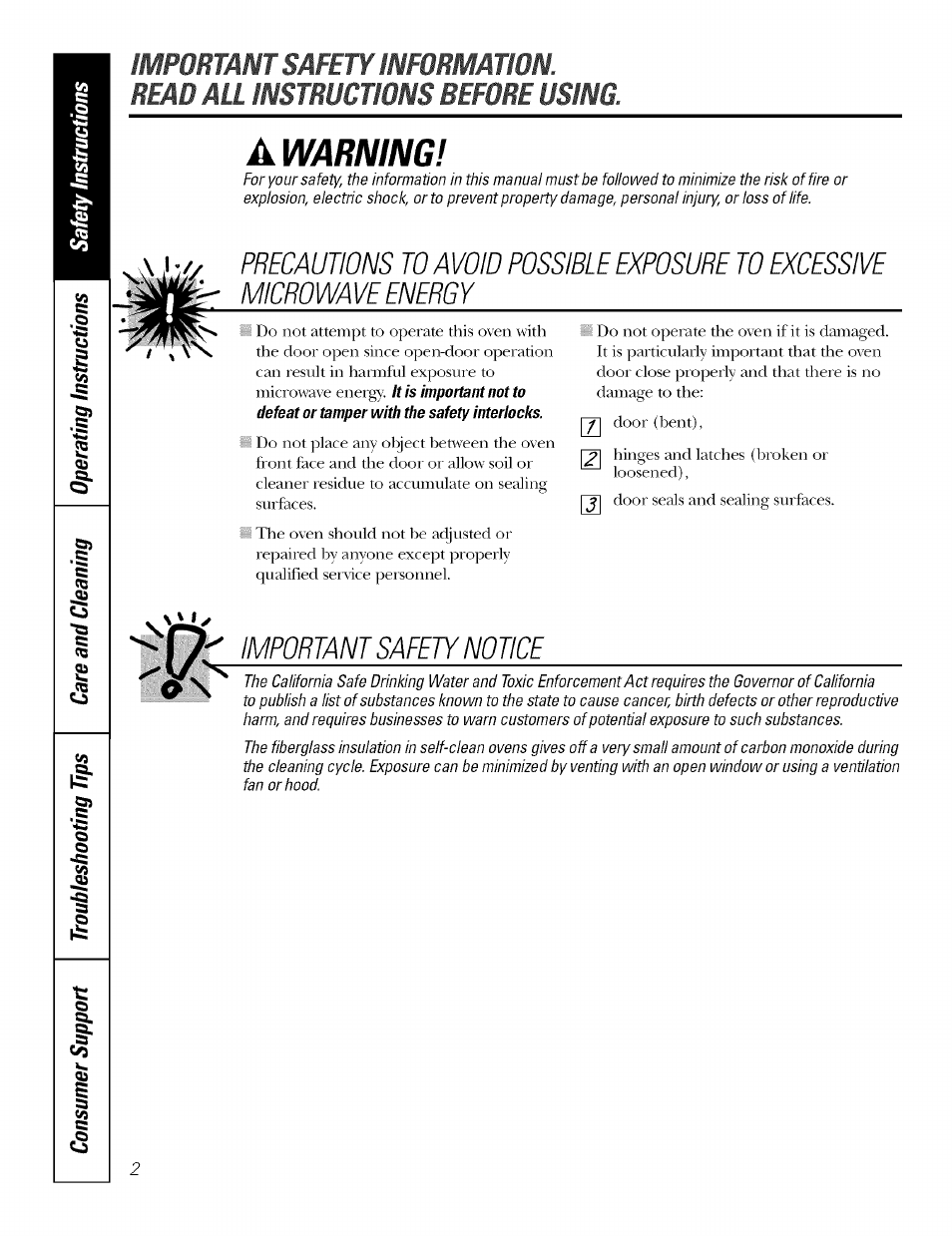 M;,« t, Warning, Important safety notice | GE JT930 User Manual | Page 2 / 48