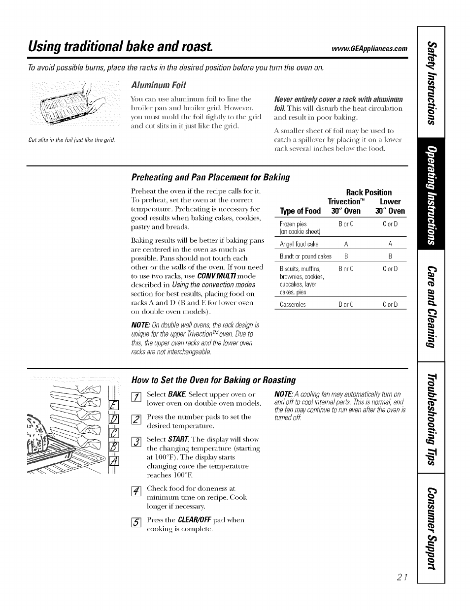 Using traditional bake and roast, Www.geappliances.com, Preheating and pan placement for baking | How to set the oven for baking or roasting | GE JT930 User Manual | Page 21 / 48